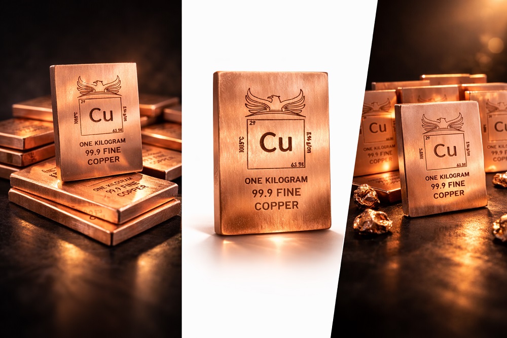 1 Kilo 99.9 Fine Copper Bar with Element Design by Falcon